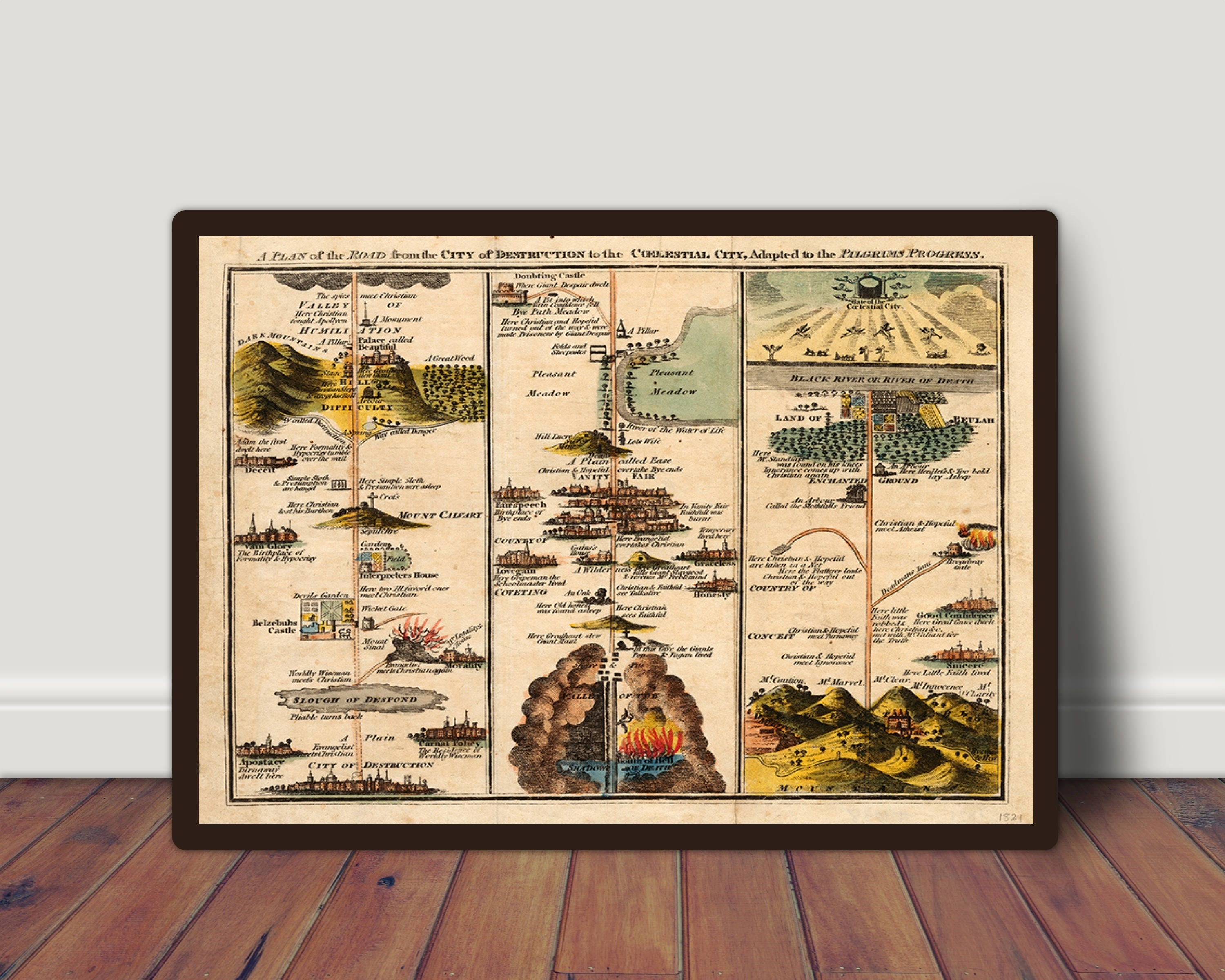 The Pilgrim's Progress Map 1821 Print, A Plan of the Road From the