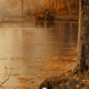 May include: A painting of a forest scene with a river in the foreground. The river is calm and still, and the water is a light brown color. The trees are bare and the leaves are a light brown color. The sky is a light blue color. The painting is done in a realistic style.