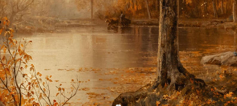 May include: A painting of a forest scene with a river in the foreground. The river is calm and still, and the water is a light brown color. The trees are bare and the leaves are a light brown color. The sky is a light blue color. The painting is done in a realistic style.