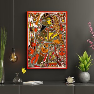 May include: A colorful painting depicting a couple in traditional Indian clothing. The painting is done in a vibrant style with intricate details and a red background.