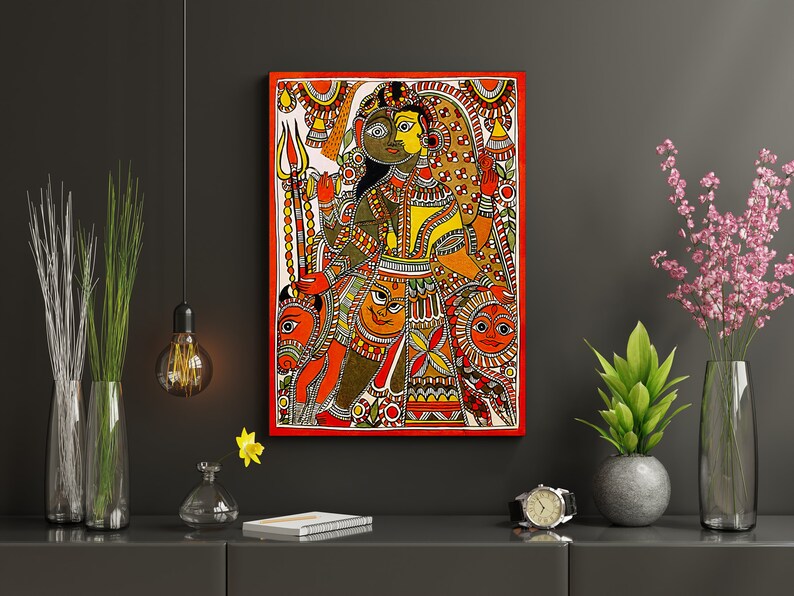 May include: A colorful painting depicting a couple in traditional Indian clothing. The painting is done in a vibrant style with intricate details and a red background.