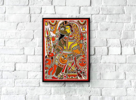 Indian Folk Art, Indian Madhubani Painting, Madhubani Art, Ardhanarishwar Poster, Vintage Indian Painting, Indian Wall Decor, Indian Artwork