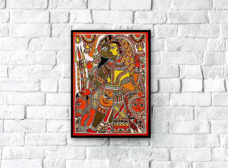 May include: A colorful painting depicting a Hindu deity couple, with intricate details and vibrant colors, framed in black.