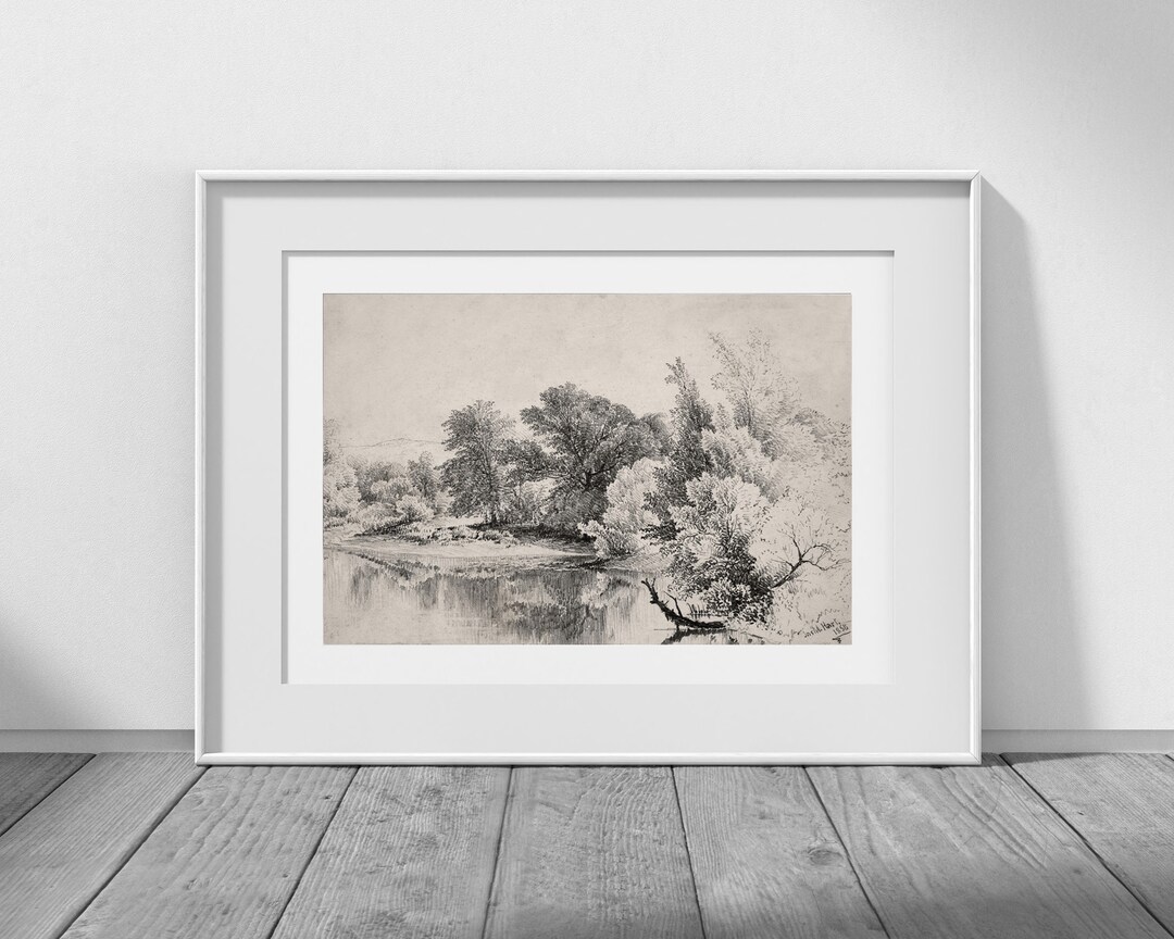 Antique Riverside Drawing, Antique Sketch, Antique Art Print, Landscape ...