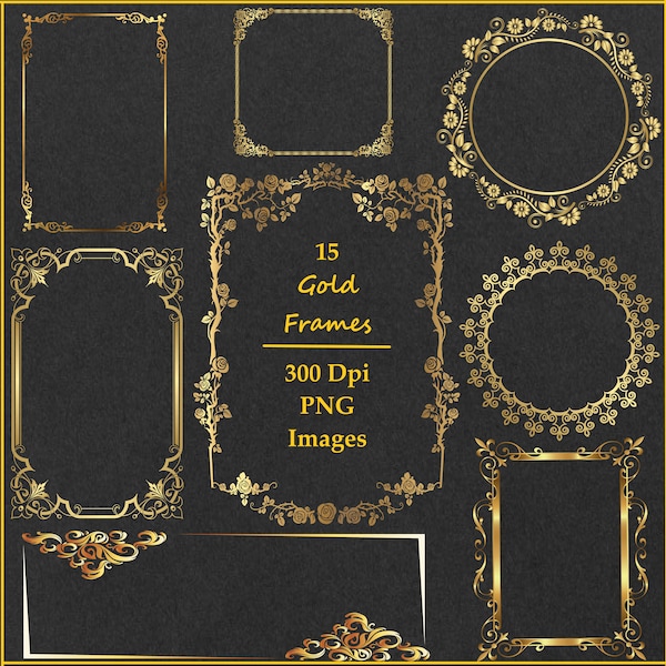 Gold Frame Clipart Bundle, 15 bordures dorées, cadres numériques, PNG transparent, cadres floraux dorés à usage commercial, Invitation Clipart PNG