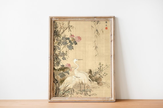 Japanese Botanical Art Print, Vintage Botanical Bird Wall Art, Flower and Bird Wall Art, Vintage Japanese Art Print, Nature Wall Decor