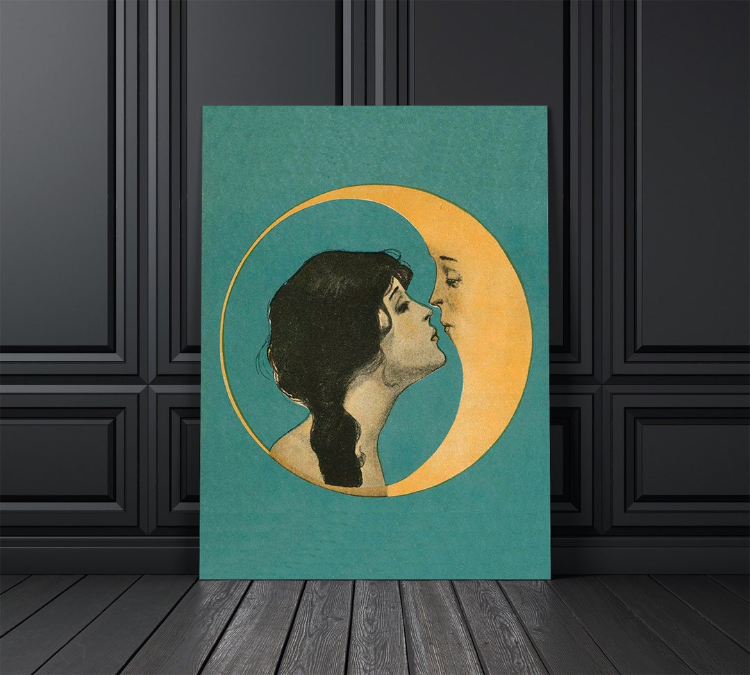 Vintage Moon Wall Art, Vintage Woman Kissing Moon Print, Crescent Moon