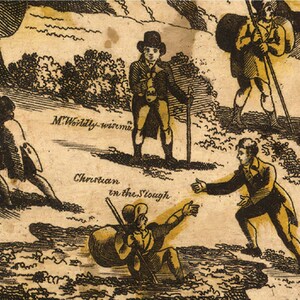 May include: An illustration depicting a scene from John Bunyan's 'Pilgrim's Progress'. The illustration shows a man, Christian, struggling in a swamp, while other figures, including Pliable, Evangelist, and Help, are nearby. The text in the image reads 'Christian in the Slough', 'Pliable leaves Christian', 'Evangelist reproves Christian', 'Help comes to assist Christian', and 'M. Worldly-wiseman'.