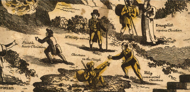 May include: An illustration depicting a scene from John Bunyan's 'Pilgrim's Progress'. The illustration shows a man, Christian, struggling in a swamp, while other figures, including Pliable, Evangelist, and Help, are nearby. The text in the image reads 'Christian in the Slough', 'Pliable leaves Christian', 'Evangelist reproves Christian', 'Help comes to assist Christian', and 'M. Worldly-wiseman'.
