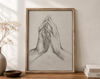 Esboço de mãos, desenho à mão, esboço romântico a lápis, desenho a lápis, arte de parede com tema de fé, desenho minimalista de linhas, arte para imprimir, download digital