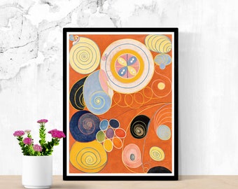 Puede incluir: Pintura abstracta con un diseño circular en tonos de amarillo, azul, rosa y naranja sobre un fondo rojo. La pintura presenta una variedad de formas geométricas y patrones.