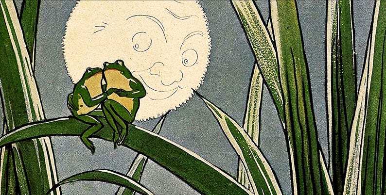 Vintage animal print featuring musical frogs