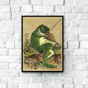 May include: A vintage illustration of a green frog playing a violin under a crescent moon. The frog is sitting on a rock with green foliage behind it.