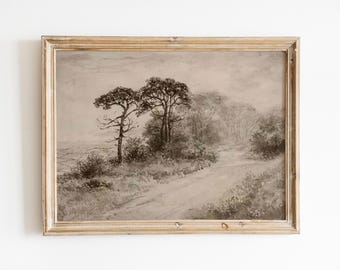 Antieke landschapsschilderkunst, antieke schetskunst, rustieke boomschetsafdruk, kronkelende landweg, antieke neutrale kunst, natuurschets