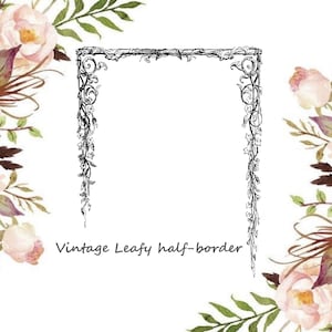 May include: A black and white vintage leafy half-border design with a floral border on each side. The floral border features pink and white watercolor flowers.