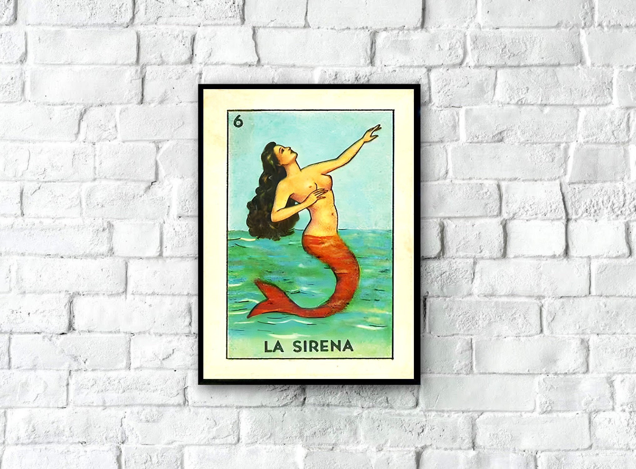 Vintage Mexican Loteria Card La Sirena Retro Mermaid Art Print 