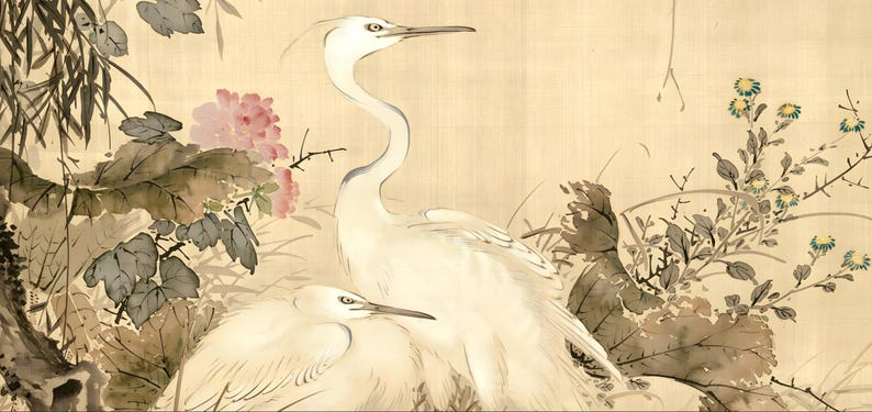 Vintage botanical bird artwork inspired by Japan