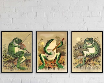 Vintage Frog Poster - SET of 3, Vintage Frog Aesthetic Pictures, Frog Wall Art, Cute Art Print, Funny Wall Art, Frog Print Set, Frog Decor