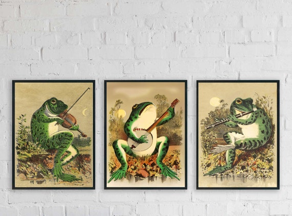 Vintage Frog Poster - SET of 3, Vintage Frog Aesthetic Pictures, Frog Wall Art, Cute Art Print, Funny Wall Art, Frog Print Set, Frog Decor