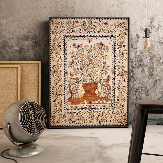 Vintage Kalamkari Tree of Life, Vintage Textile Print, Indian Painting, Indian Wall Decor, Indian Art Print, Palempore, Gallery Wall Prints
