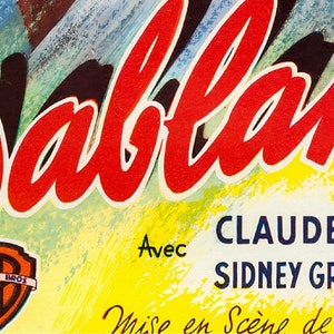 May include: Vintage movie poster for "Casablanca" with the title in large red script. The poster features the Warner Bros. logo and the names of Claude Rains and Sidney Greenstreet.