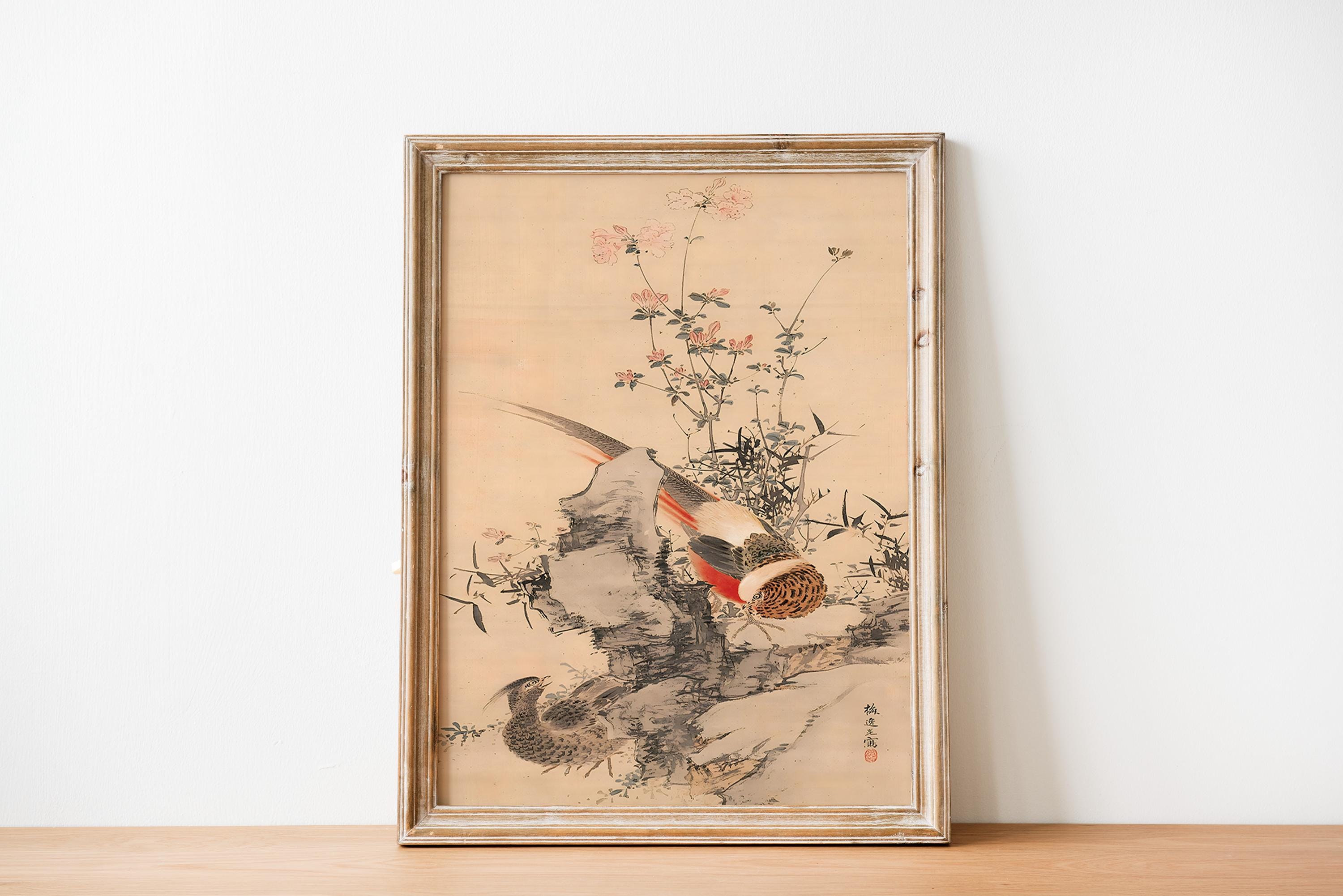 Antique Japanese Botanical Art, Flower and Pheasants Painting, Flower and Bird Wall Art, Japanese Art Print, Vintage Botanicals Print