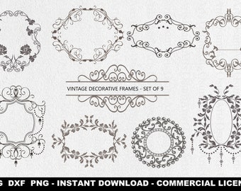 Vintage Decorative Frames SET of 9, Vintage Frames SVG Png DXF, Antique Decorative Frame, Vector Ornate Geometric, Retro border, Fancy Frame