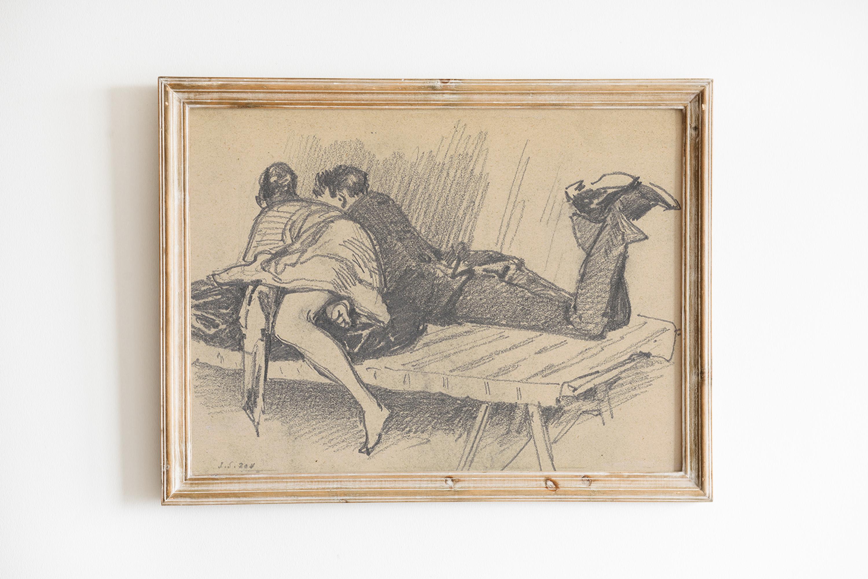 Vintage Sketch Art, Vintage Couple On A Cot Sketch, Figure Sketch, Vintage Couple Sketch, Sketch Drawing, Vintage Art Print, Printable Art