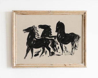 Vintage Black Horses Art Print, Black Horse Wall Art, Horses Painting, Horse Etching, Abstract Animal Art, Modern Wall Art, Printable Art