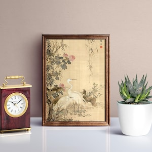 Japanese botanical art print with birds and flowers