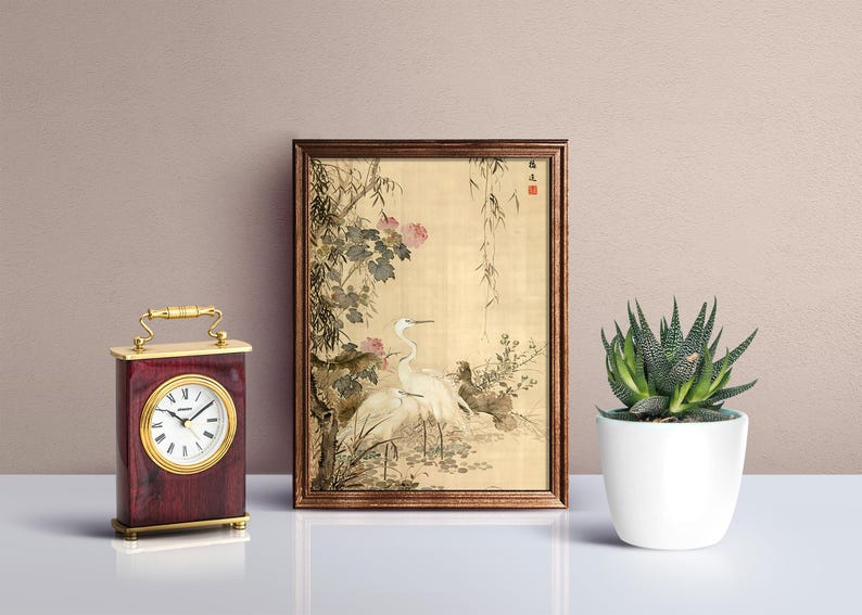 Japanese botanical art print with birds and flowers