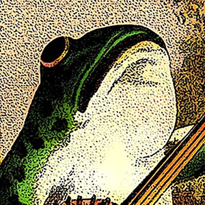 Puede incluir: Una rana verde con el vientre blanco tocando una guitarra marr&oacute;n. La rana est&aacute; mirando hacia el cielo. El fondo es de color marr&oacute;n claro con una luna amarilla y &aacute;rboles verdes.