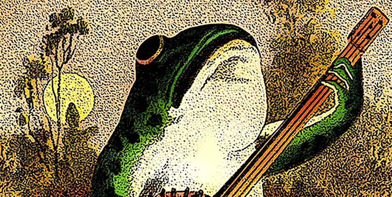 Puede incluir: Una rana verde con el vientre blanco tocando una guitarra marr&oacute;n. La rana est&aacute; mirando hacia el cielo. El fondo es de color marr&oacute;n claro con una luna amarilla y &aacute;rboles verdes.