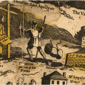 May include: An illustration depicting a journey through a religious landscape. A figure, labeled "Christian", fights a creature called "Apollyon". The figure is guided by three figures labeled "The Three Shining Ones". The scene includes a wall labeled "Salvation Wall" and a castle labeled "Beelzebub Castle".