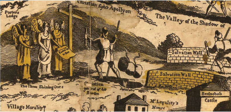 May include: An illustration depicting a journey through a religious landscape. A figure, labeled "Christian", fights a creature called "Apollyon". The figure is guided by three figures labeled "The Three Shining Ones". The scene includes a wall labeled "Salvation Wall" and a castle labeled "Beelzebub Castle".