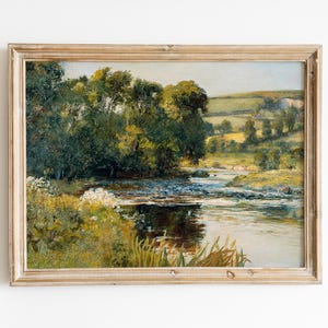 Dipinto antico di paesaggio, stampa d&#39;arte antica di fiume, stampa vintage smorzata, stampa di campagna estiva, paesaggio estivo, stampa di pittura a olio di fiume