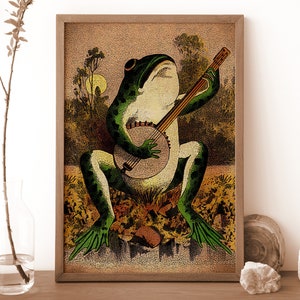 Puede incluir: Una ilustraci&oacute;n vintage de una rana verde tocando un banjo en un entorno de bosque. La rana est&aacute; sentada en un tronco con las piernas cruzadas y los ojos cerrados. El banjo es marr&oacute;n con una cuerda blanca.