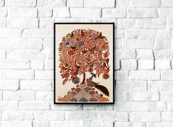 Vintage Kalamkari Tree of Life with Peacock, Traditional Indian Folk Art, Indian Painting, Indian Wall Decor, Indian Art Print, Indian Art