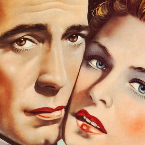 May include: Vintage illustration of a man and woman in a close embrace. The man has dark hair and brown eyes, while the woman has blonde hair and blue eyes. Both have red lips. The artwork is in a classic, romantic style.