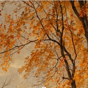 May include: A painting of a tree with orange and brown leaves against a light gray background.
