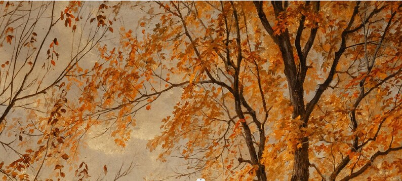 May include: A painting of a tree with orange and brown leaves against a light gray background.