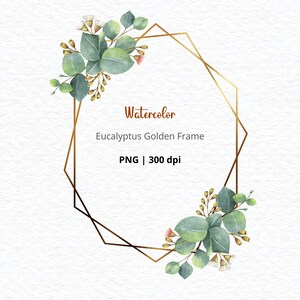 Acuarela Oro Eucalipto Marco Geométrico, Marco de Eucalipto Oro, Eucalipto Clip Art, Invitación de Boda, Acuarela Eucalipto Verde