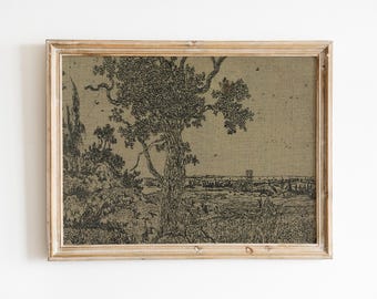 Antique Ink Landscape With An Oak Tree, Vintage Ink Sketch Art, Line Etching, Woodland Landscape, Antique Textile Art, Vintage Tree Drawing