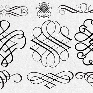 May include: A set of ten black and white decorative flourishes, swirls, and scrolls. These intricate designs can be used for calligraphy, lettering, and other creative projects.