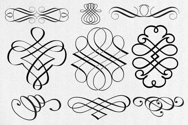 May include: A set of ten black and white decorative flourishes, swirls, and scrolls. These intricate designs can be used for calligraphy, lettering, and other creative projects.