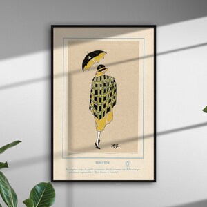 Pu&ograve; includere: Un'illustrazione vintage di una donna che indossa un cappotto a quadri giallo e nero e un cappello nero, tenendo un ombrello nero. L'illustrazione &egrave; in una cornice nera e ha il testo "Temp&ecirc;te" in basso.