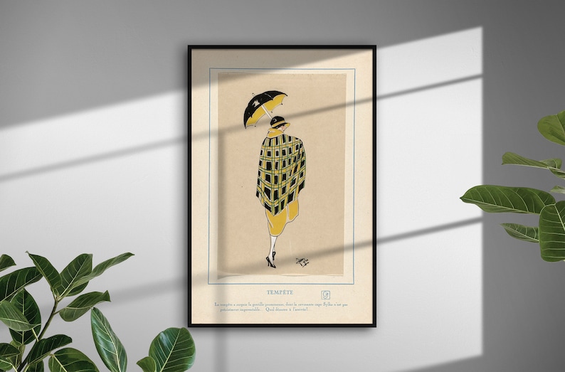 Pu&ograve; includere: Un'illustrazione vintage di una donna che indossa un cappotto a quadri giallo e nero e un cappello nero, tenendo un ombrello nero. L'illustrazione &egrave; in una cornice nera e ha il testo "Temp&ecirc;te" in basso.