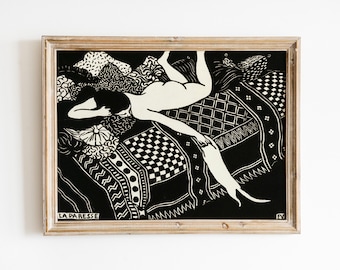 Antique French Art Print, Laziness, Vintage Woman and Cat Art, Black and White Cat Art,  Animal Block Print, Vintage Woman, Printable Art