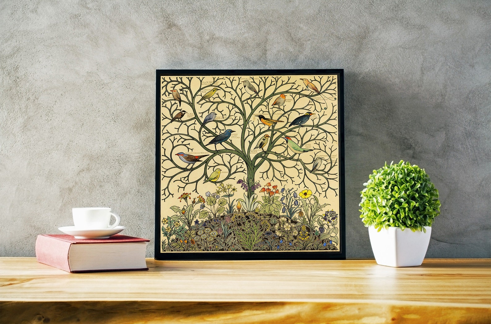 Antique Tree of Life Painting With Songbirds - Vintage Birds Art Print ...