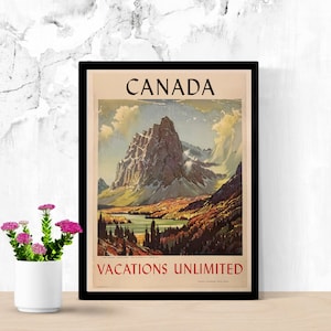 Op de afbeelding: Vintage reisposter dat vakantie in Canada promoot. De poster toont een schilderachtig berglandschap met een meer en bomen. De tekst op de poster luidt "Canada Vacations Unlimited".
